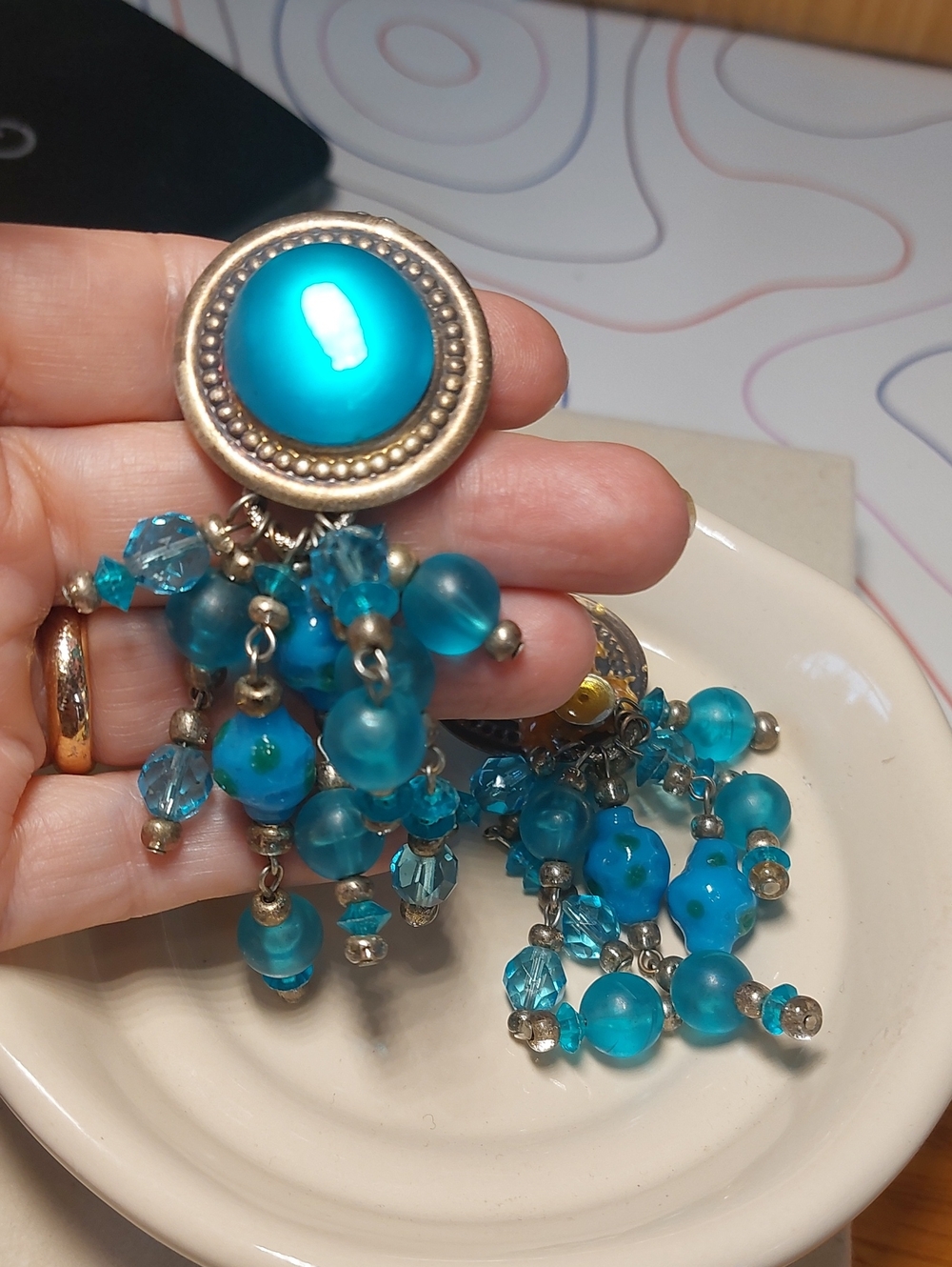 Vintage Artisan Handmade Blue Dangle Clip On Earrings Repurposed Statement OOAK